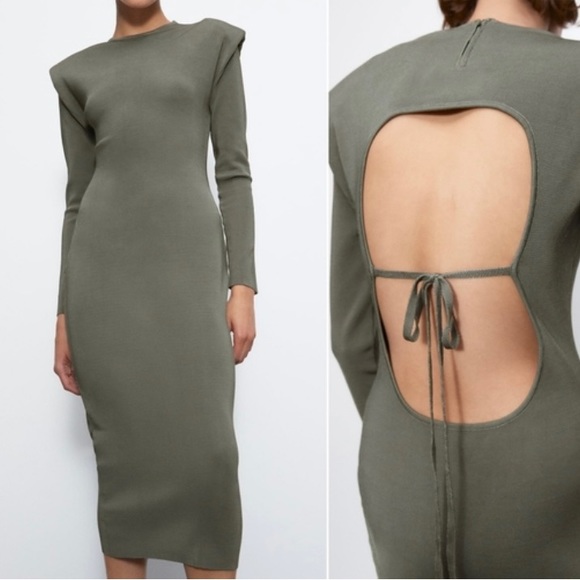 ZARA Shoulder Pad Knit Midi Dress - Picture 4 of 4